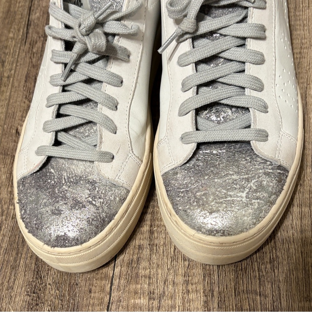 P448 White Jack Leather Sneakers Silver Glitter Toe Size 39 (8.5–9) - Picture 10 of 13
